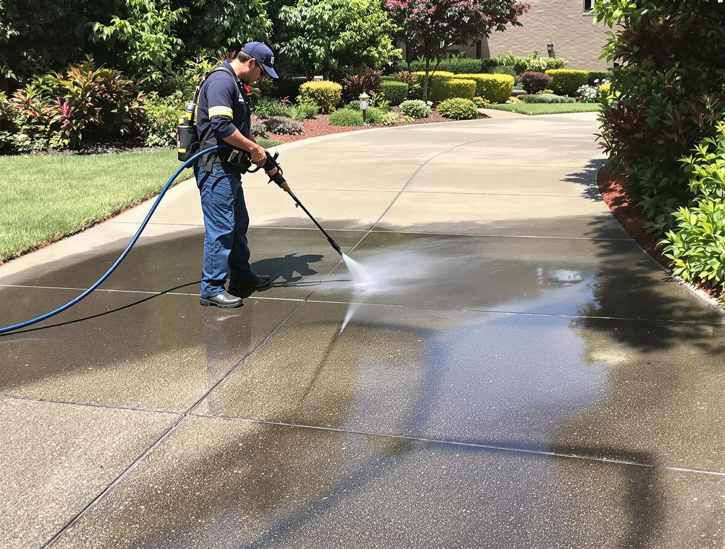 Experienced Lakewood Power Washing team member pressure washing a driveway in Lakewood