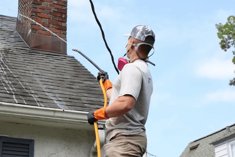 Lakewood Power Washing professional performing gentle roof washing service in Lakewood